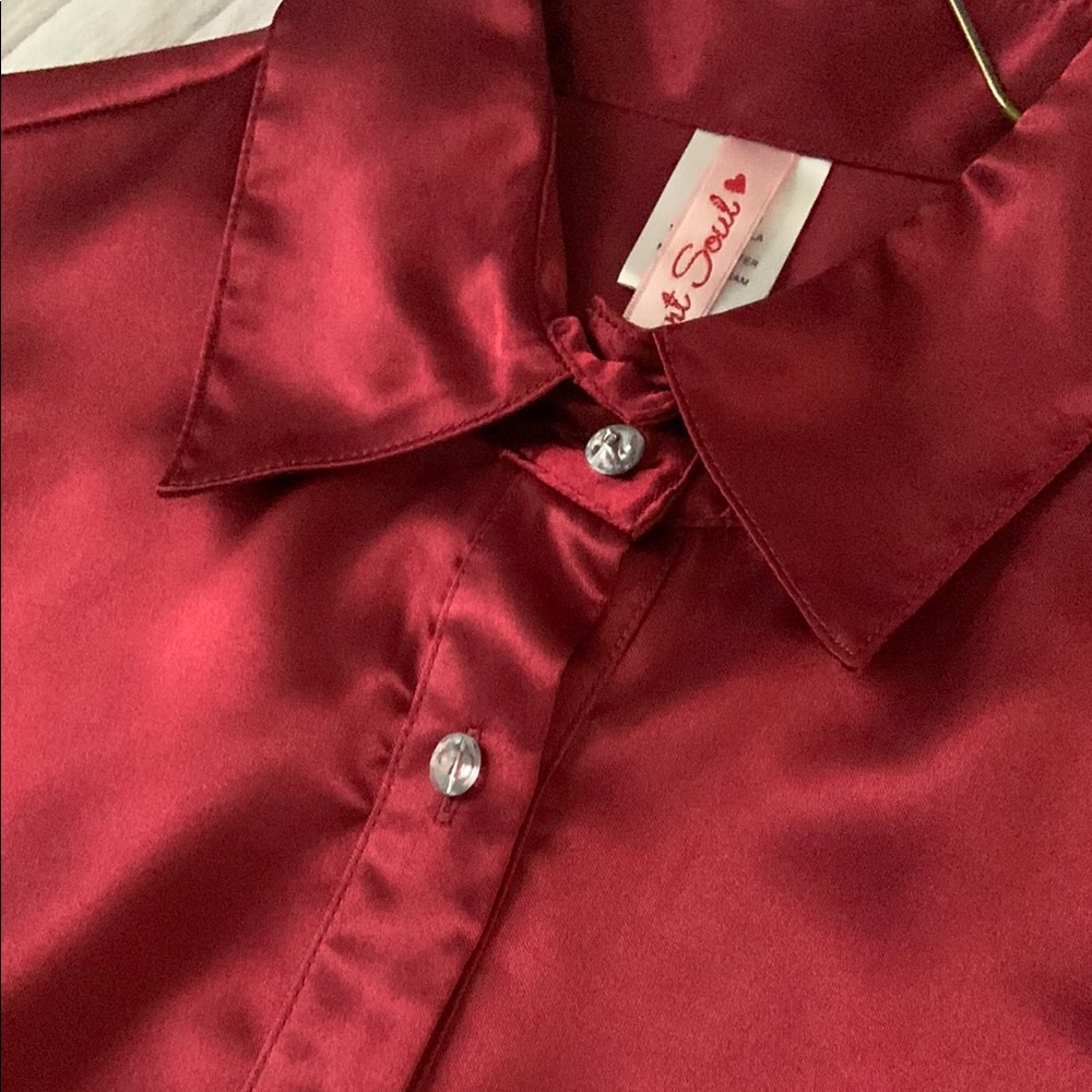 Satin Red Rhinestone Collared Button-Up Blouse - Picture 2 of 6